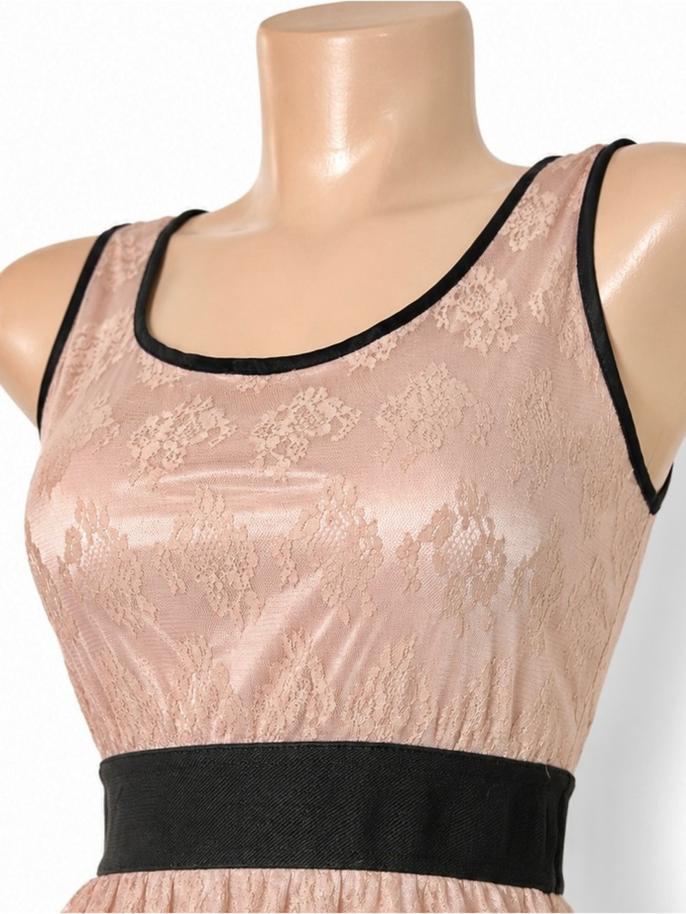 XXI Blush Pink Lace Mini Dress Black Waist Coquette Size Small - Picture 5 of 5